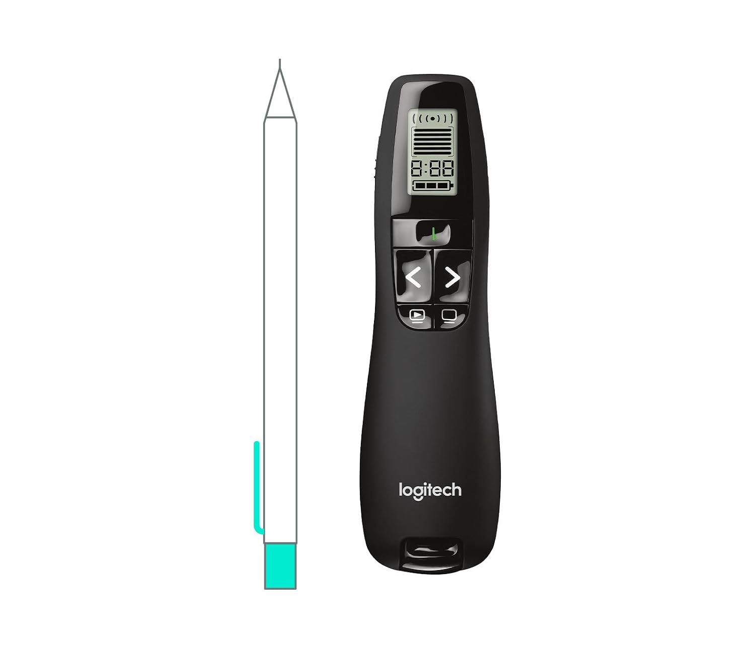Logitech presentation pointer shown in two views on a white background: a side profile drawing with a cyan highlight and the actual black remote control with a small display and navigation buttons.
