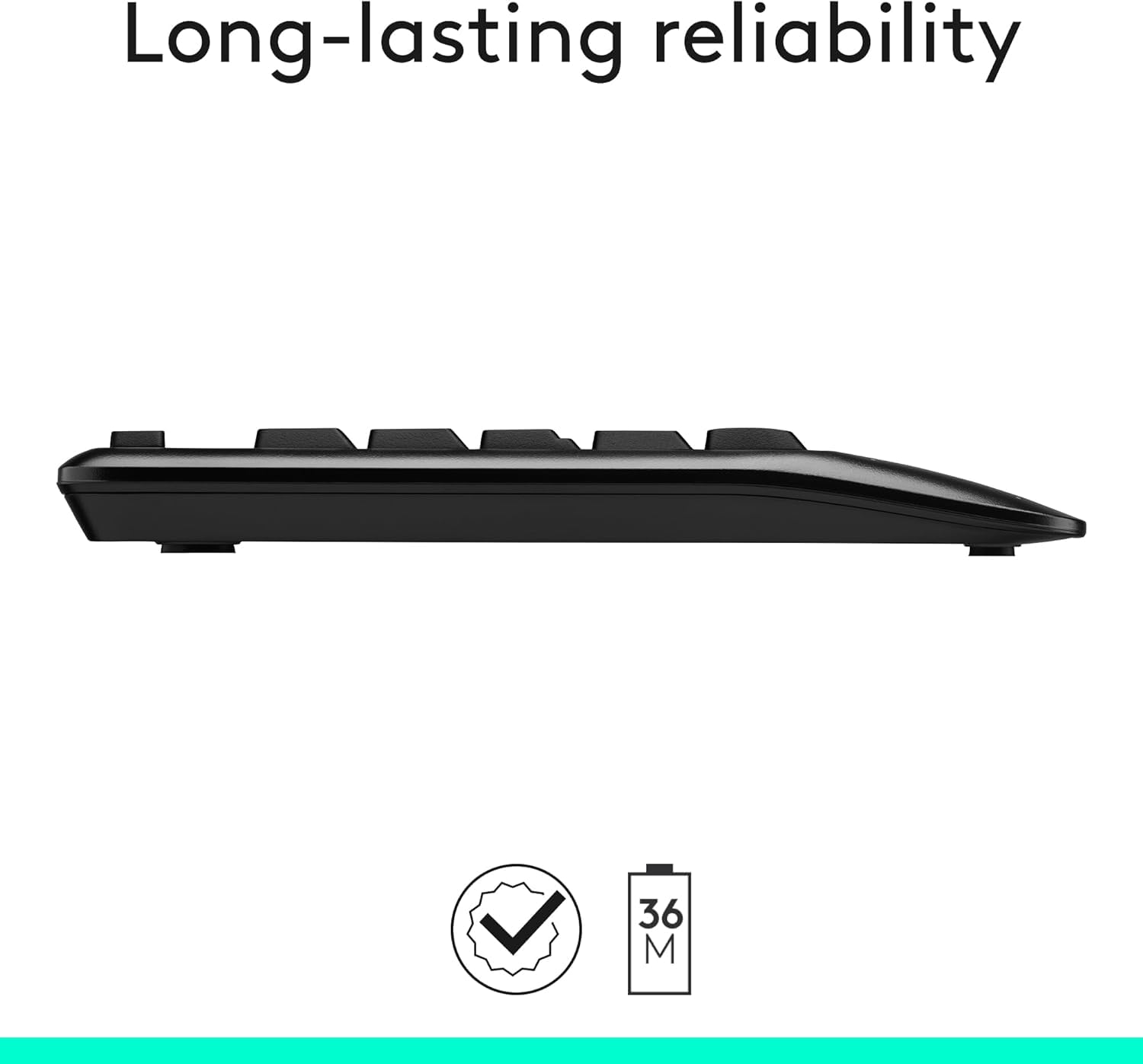 Black keyboard with 'Long-lasting reliability' text and icons on a white background