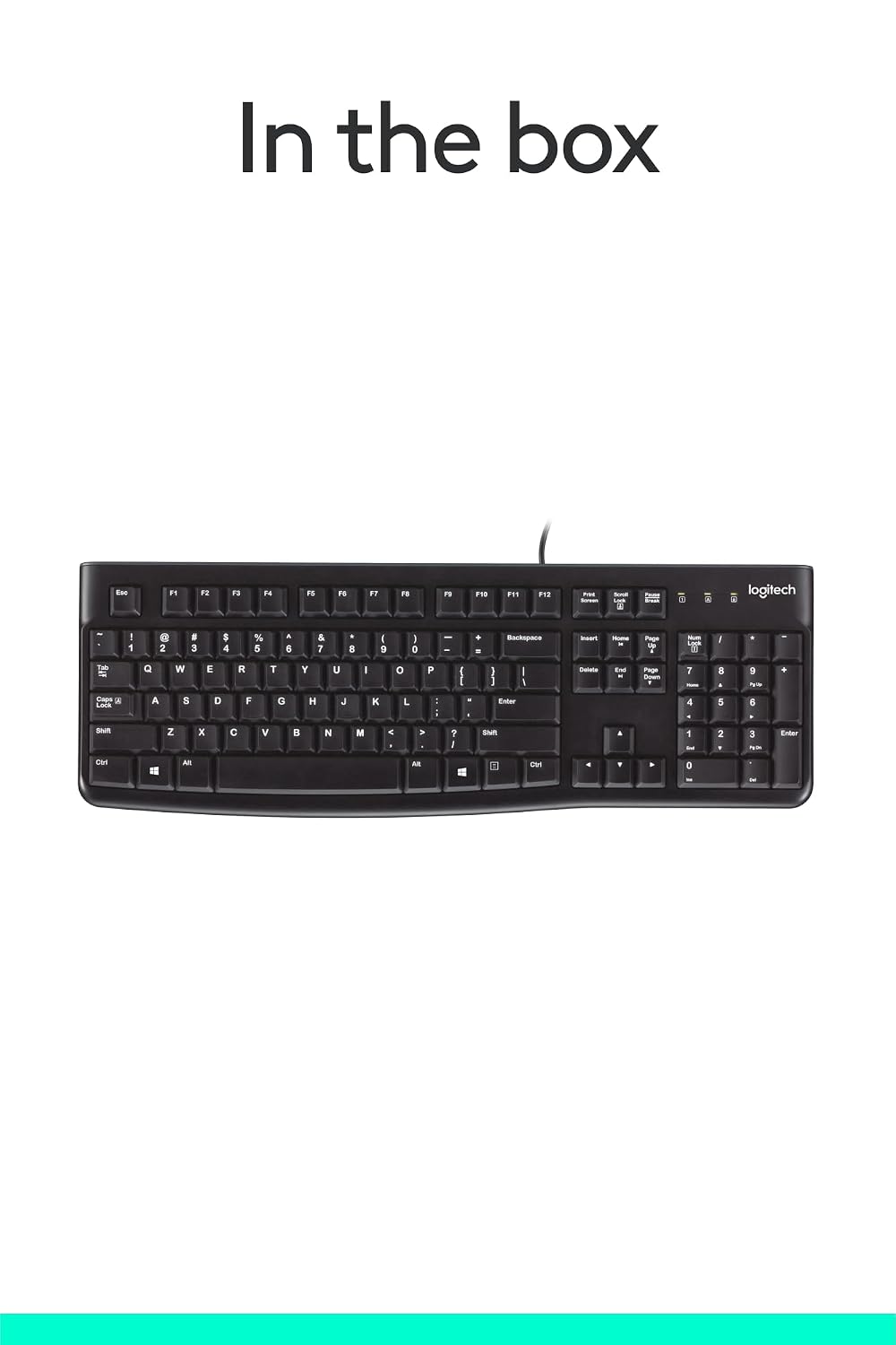 A Logitech keyboard shown on a white background with the text 'In the box' above it. The image appears to be a packaging/included-item graphic rather than a standard product hero shot, but it still shows the product itself rather than a chart, swatch, or instruction diagram.