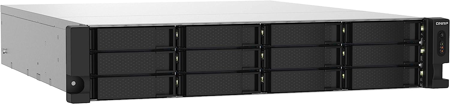 Black storage server with multiple drive bays on a white background