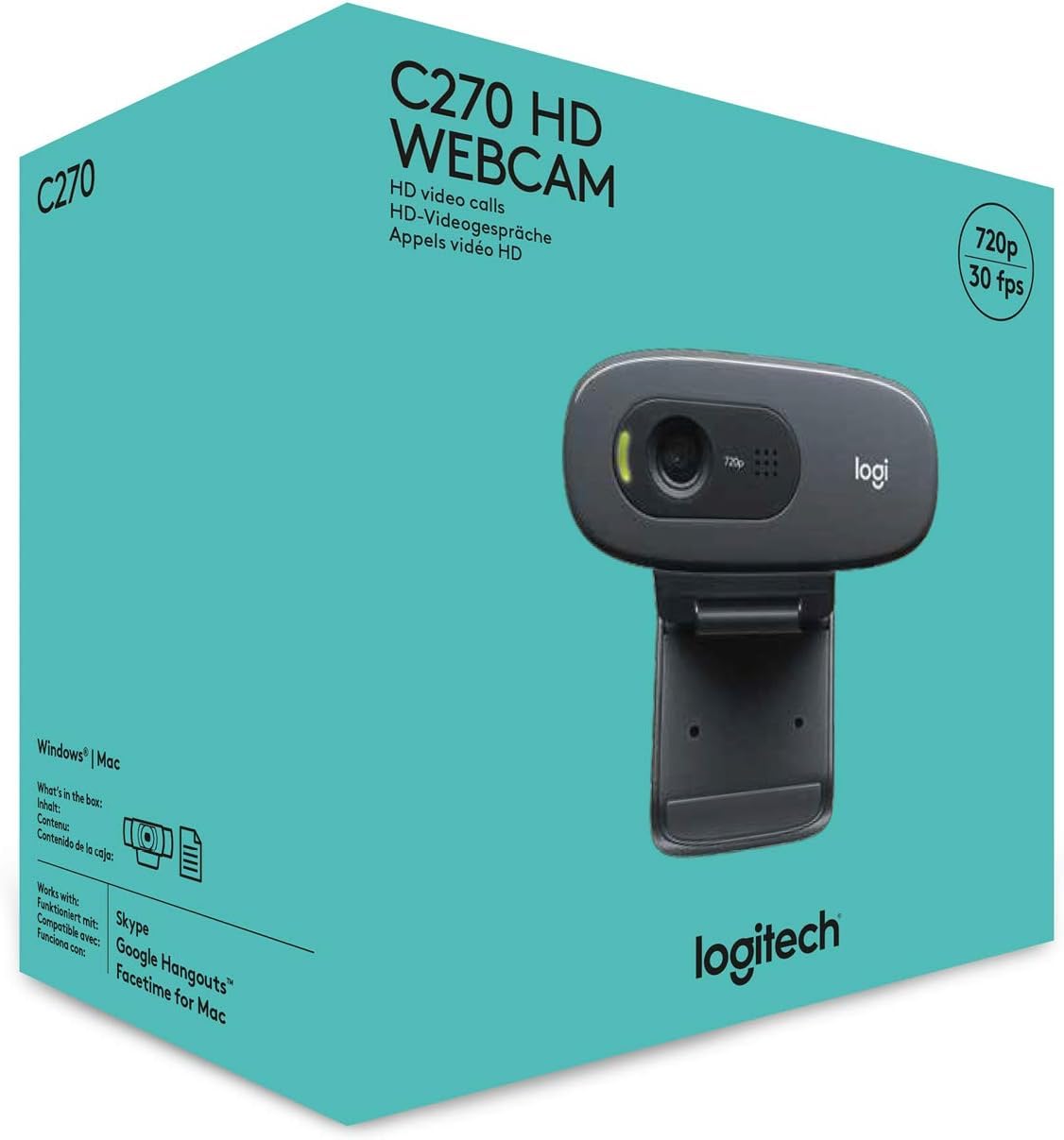 Logitech C270 HD webcam packaging on a white background