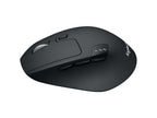A Logitech wireless computer mouse in matte black, featuring a left and right scroll wheel, shown from a three-quarters perspective on a solid white background.