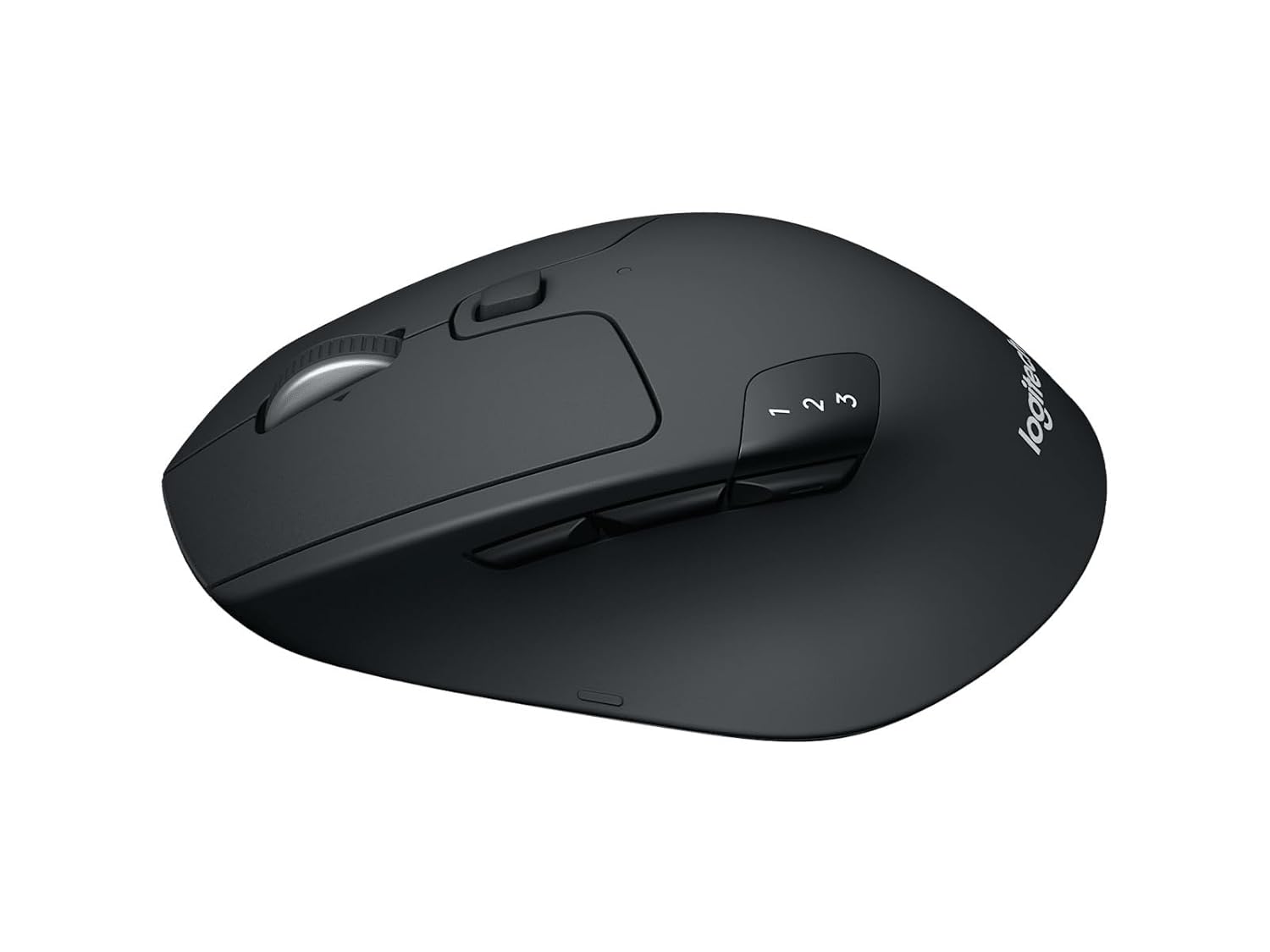 A Logitech wireless computer mouse in matte black, featuring a left and right scroll wheel, shown from a three-quarters perspective on a solid white background.