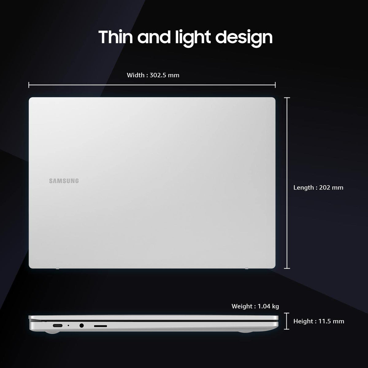 Samsung laptop with dimensions and weight displayed on a black background