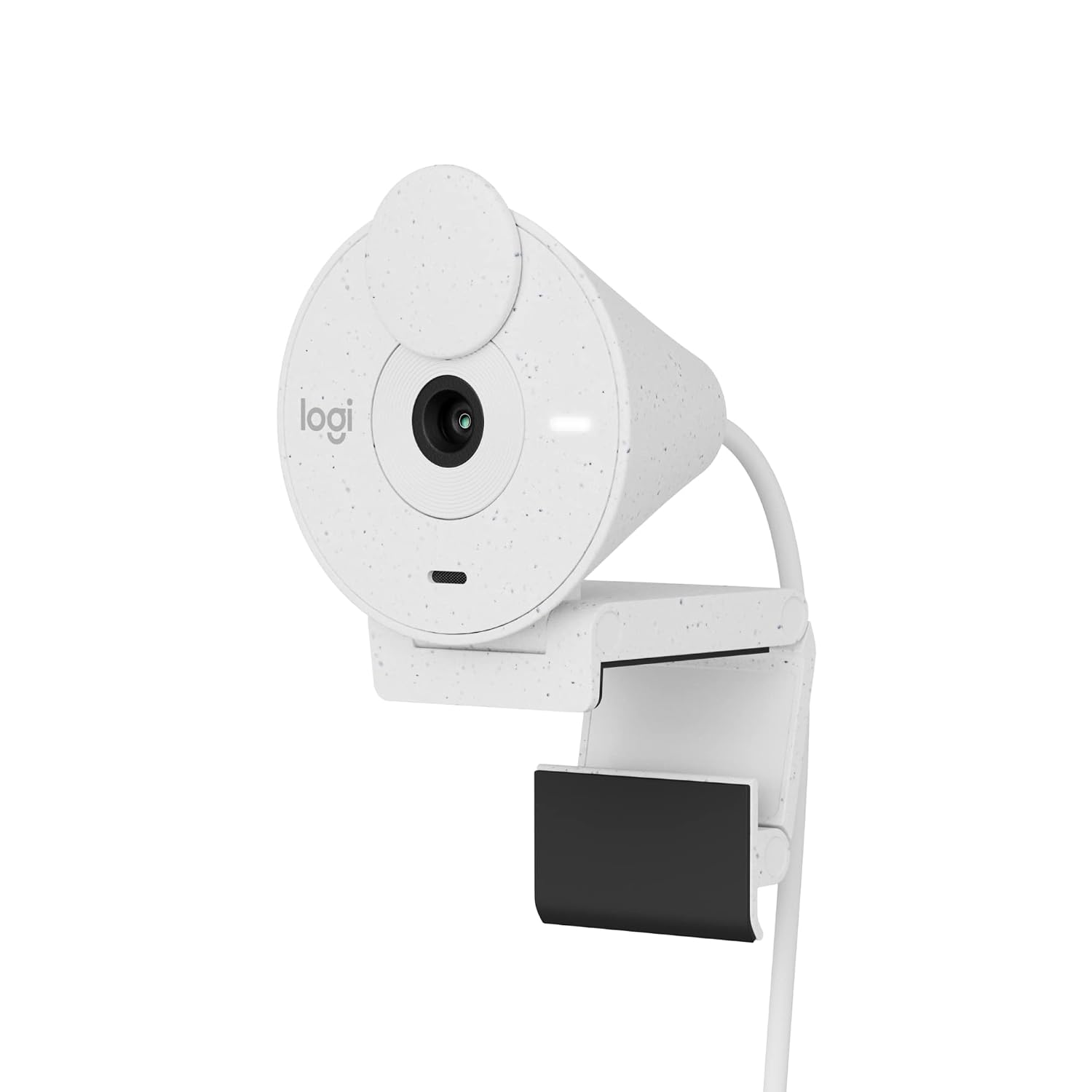 White security camera with a black lens on a white background
