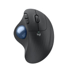 Black Logitech trackball mouse on a white background