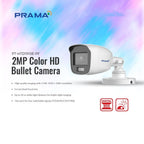 PRAMA PT-HTD11FOE-PF 2MP Color HD Bullet Camera shown on a white background with a pastel rainbow gradient backdrop. The product is a white security camera with a gray lens cover and mounting bracket, with product specifications and feature icons printed on the left and right.
