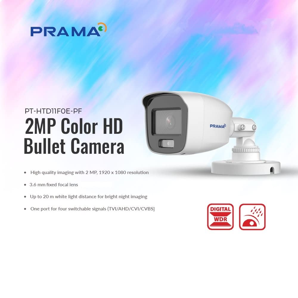 PRAMA PT-HTD11FOE-PF 2MP Color HD Bullet Camera shown on a white background with a pastel rainbow gradient backdrop. The product is a white security camera with a gray lens cover and mounting bracket, with product specifications and feature icons printed on the left and right.