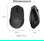 Logitech mouse dimensions shown with measurements on a white background
