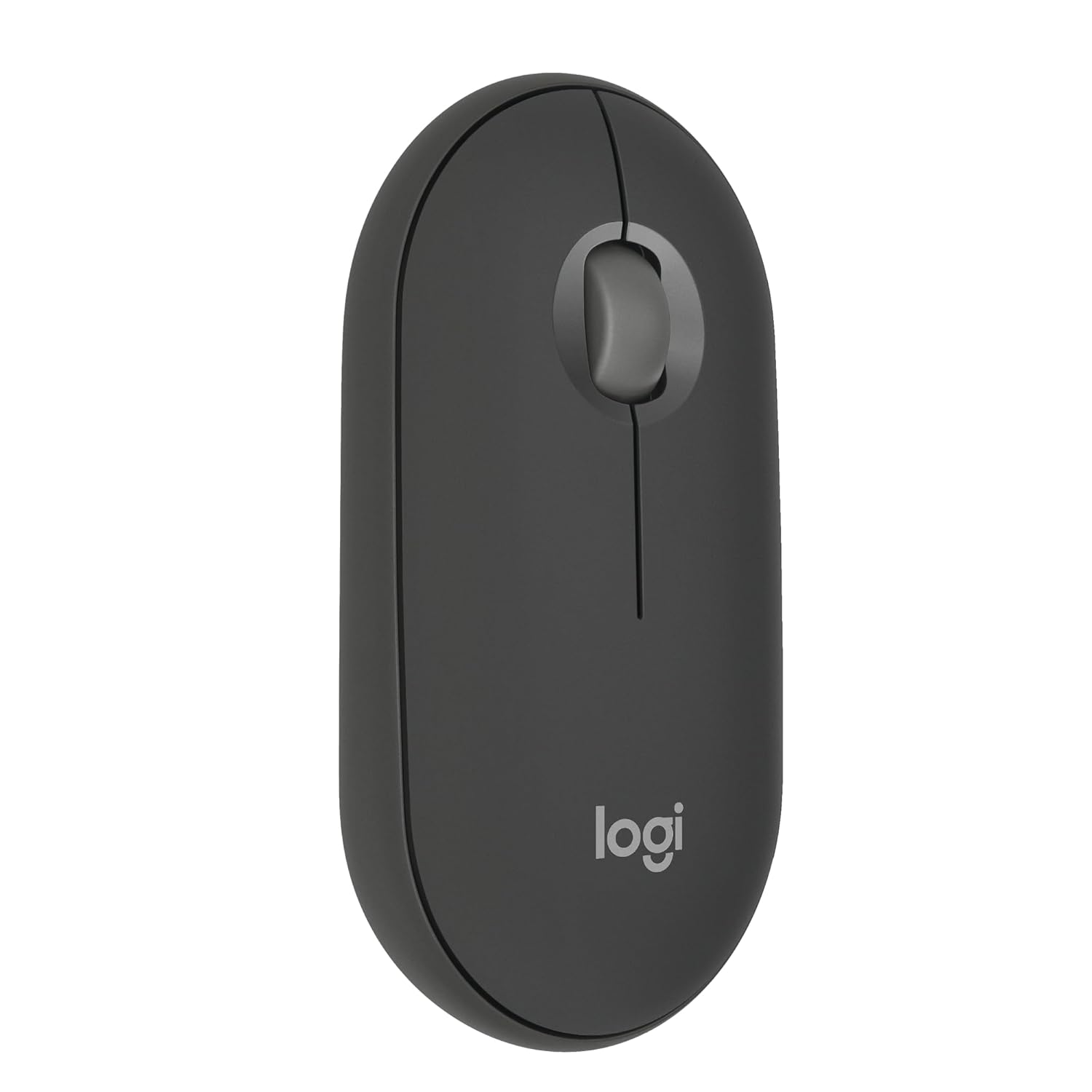 Black Logitech wireless mouse on a white background
