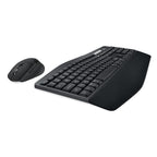 Black ergonomic keyboard and mouse set on a white background