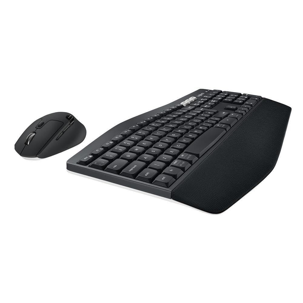 Black ergonomic keyboard and mouse set on a white background