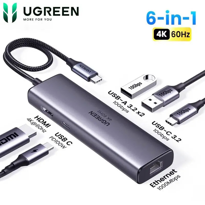 UGREEN 6-in-1 Multifunctional USB-C Hub HDMI 2 USB-A 3.2 1 USB 3.2 C RJ45 100W PD Ethernet Dock Multi Port (45000)