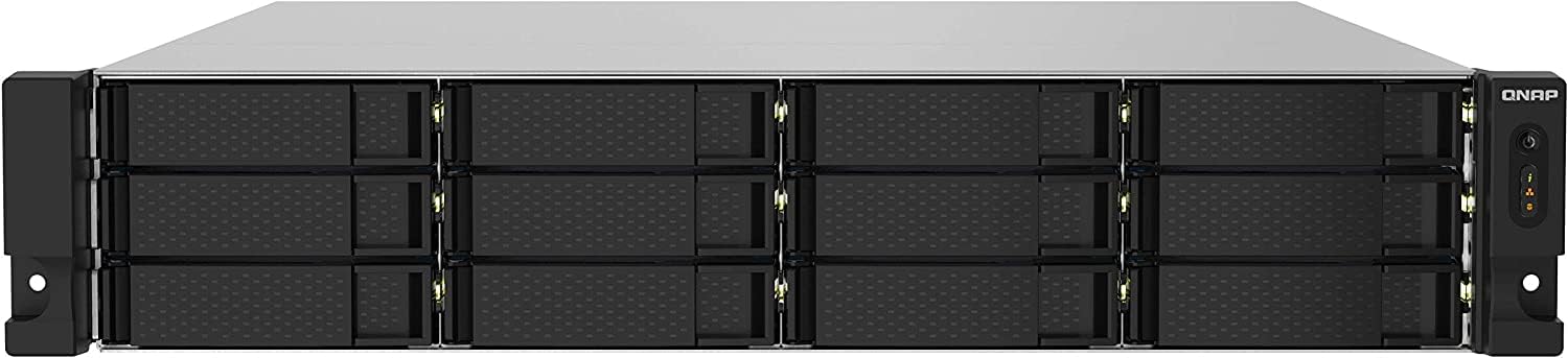 Network Attached Storage (NAS) device with multiple drive bays on a black background