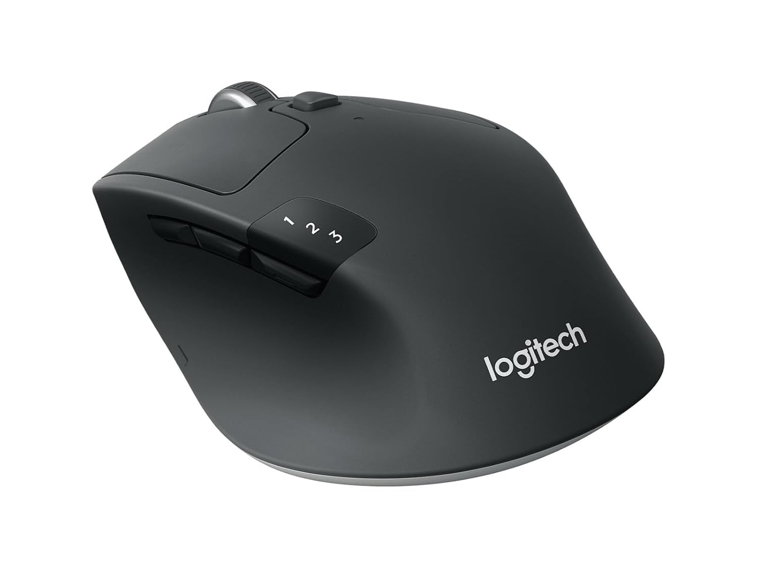 Black Logitech mouse on a white background