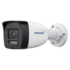 A PRAMA bullet security camera with a white and black housing, featuring a blue PRAMA logo on the side, shown against a plain white background.
