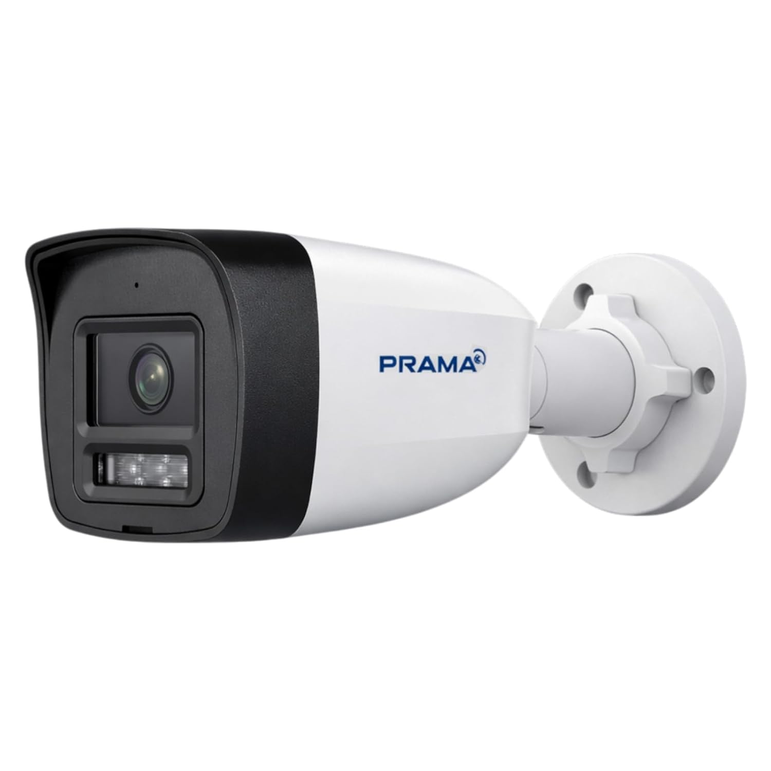 A PRAMA bullet security camera with a white and black housing, featuring a blue PRAMA logo on the side, shown against a plain white background.
