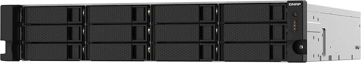 Server rack with multiple hard drives and a brand logo on a white background