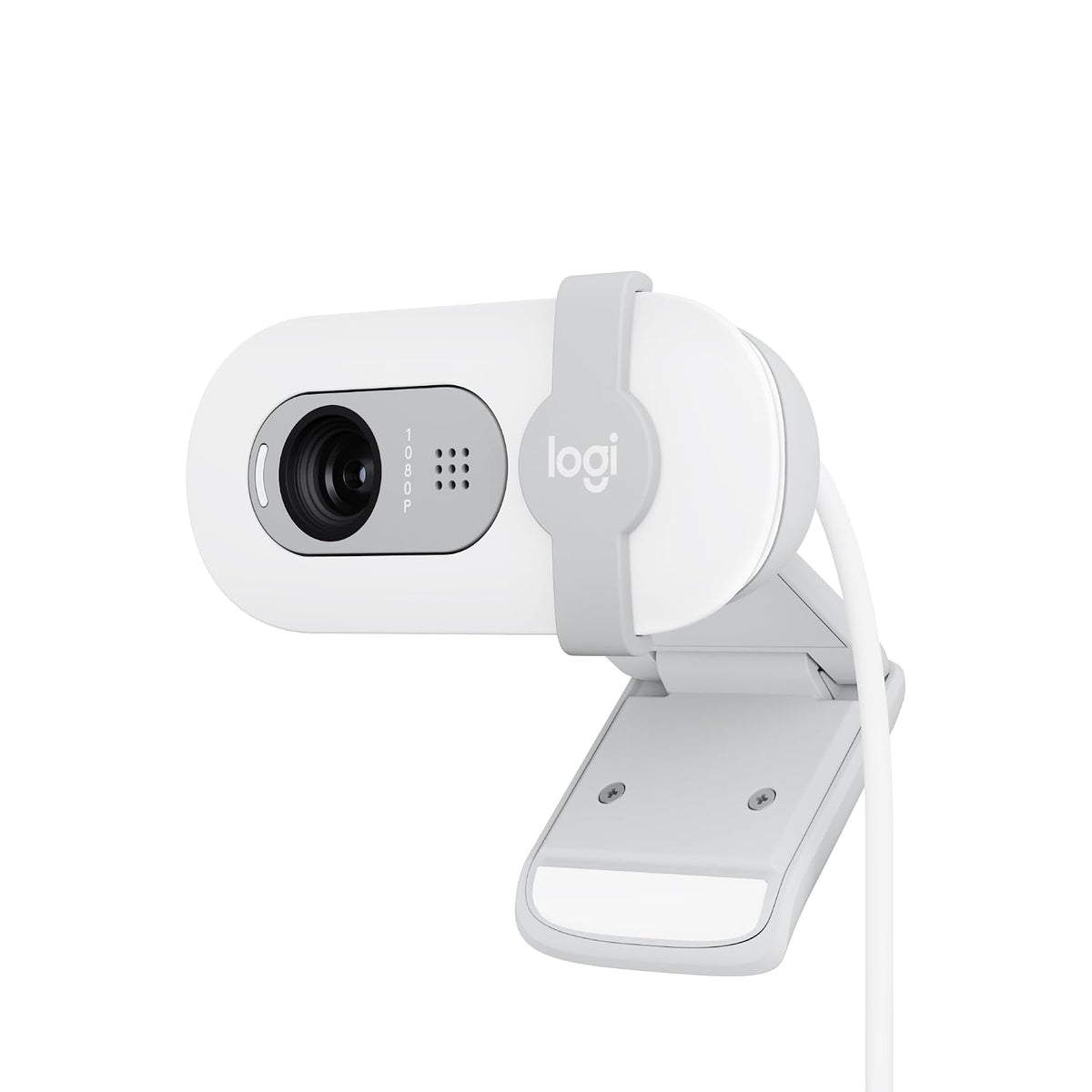 White webcam with a logitech logo on a white background