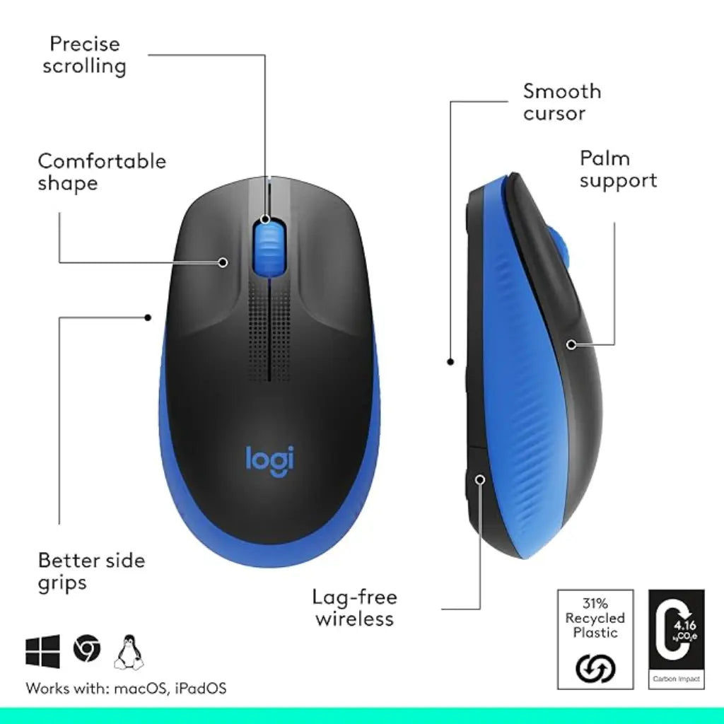Logitech M190 Full Size Curve Design Optical Wireless Mouse 1000 DPI  - Blue