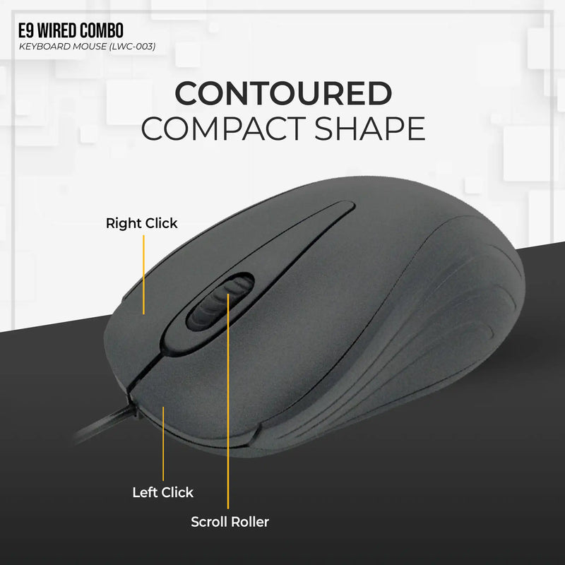Lapcare E9 USB Wired USB 2.0 Keyboard and 1000DPI Optical Mouse Combo - Black