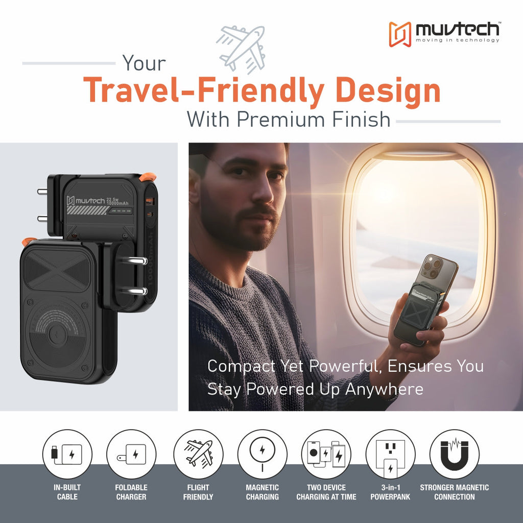 Travel Mate 10000mAh Power Bank with Built-in Wall Plug, 15W Wireless Charging, Dual USB Ports (USB-A + USB-C), Surge Protection, Fast Charging Portable Charger