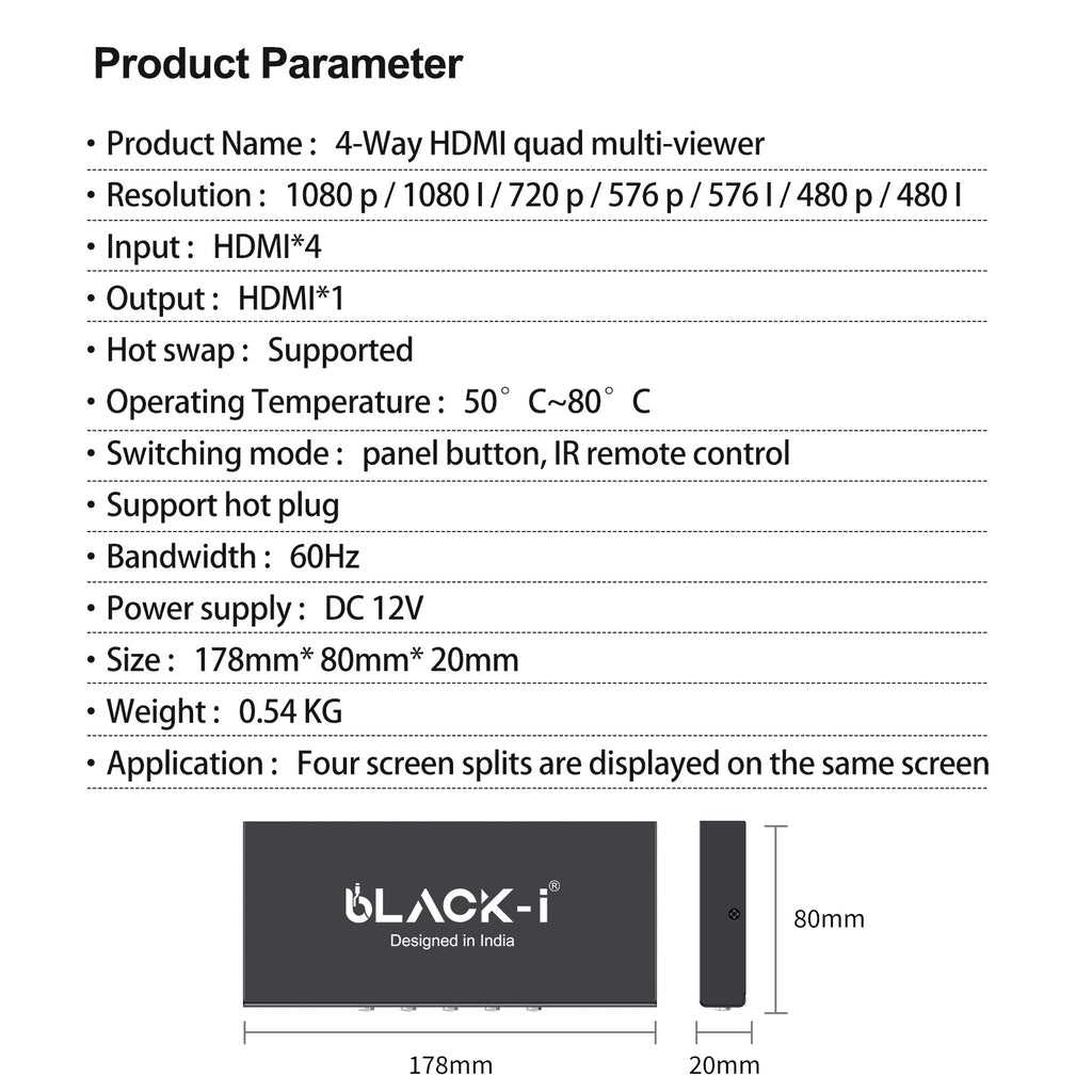 Black-i HDMI 4 Port Quad Screen Multiviewer