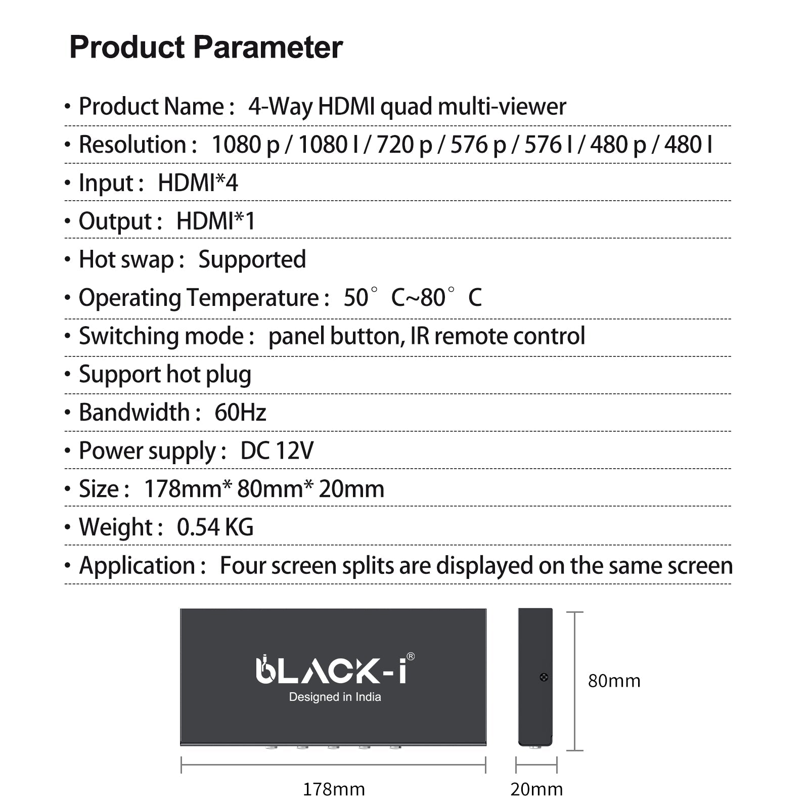 Black-i HDMI 4 Port Quad Screen Multiviewer