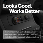 A car cigarette lighter outlet upgrade shown installed in a dashboard, with large text reading 'Looks Good, Works Better' and feature callouts about a premium aluminum shell, multi-layer safety, and auto detect IC.