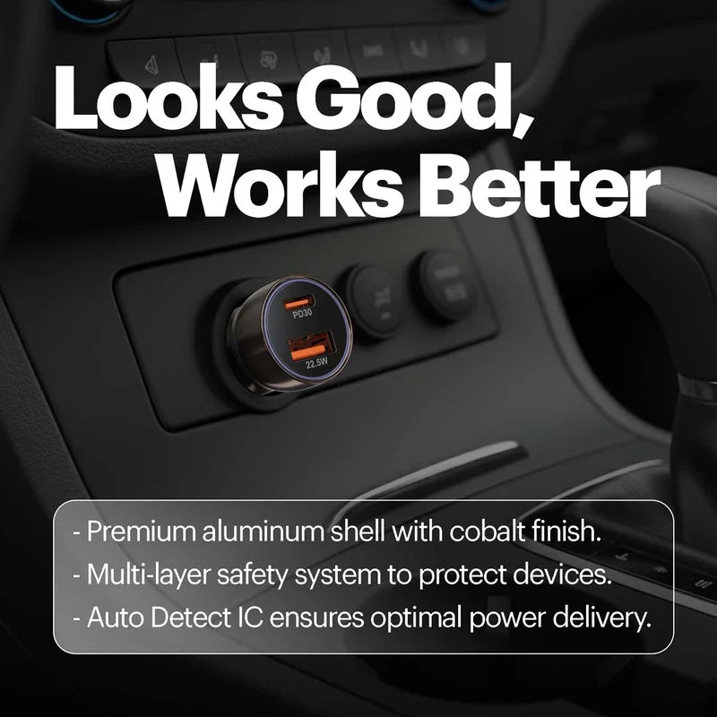 A car cigarette lighter outlet upgrade shown installed in a dashboard, with large text reading 'Looks Good, Works Better' and feature callouts about a premium aluminum shell, multi-layer safety, and auto detect IC.