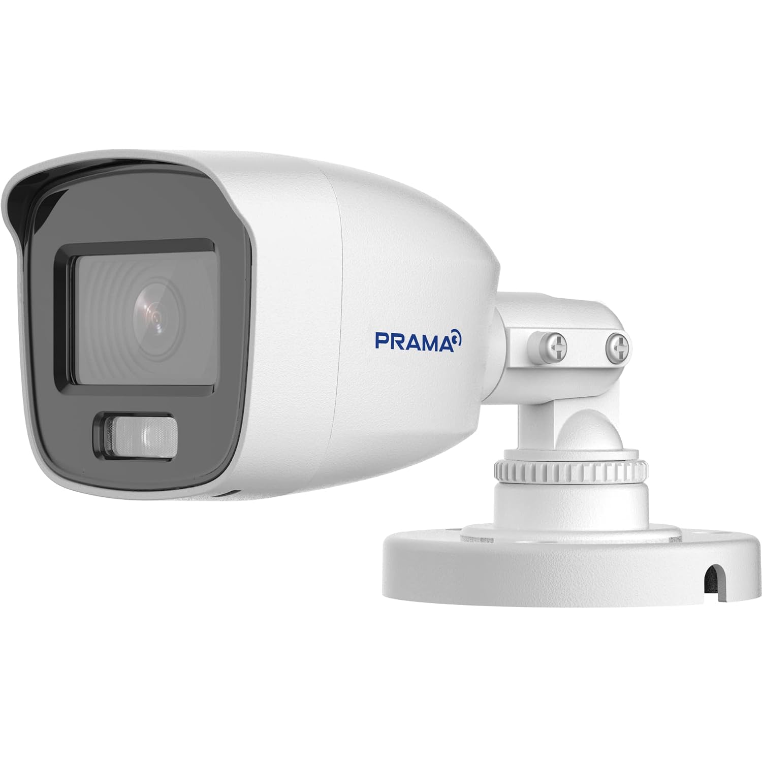 A white PRAMA bullet security camera with a dark gray lens cover and blue brand logo, mounted on a white adjustable bracket with a round base against a white background.