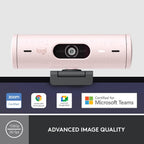 Logitech webcam with certification logos on a gray background