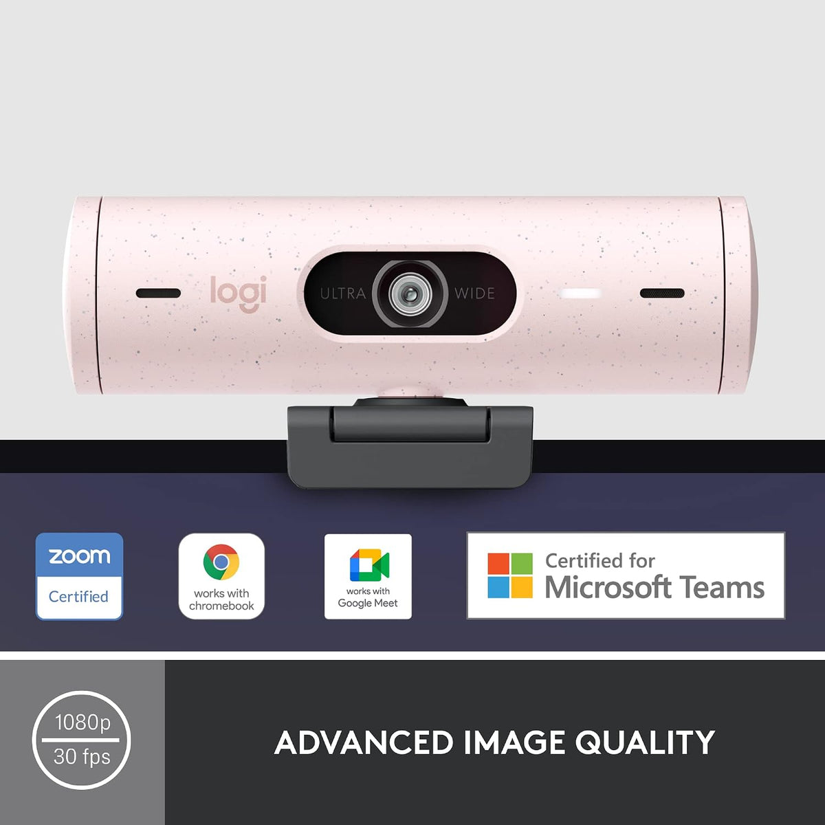 Logitech webcam with certification logos on a gray background