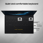 A black laptop keyboard cover or keyboard overlay shown open on a light gray background, with marketing text above and to the right highlighting quiet comfort, responsive key travel, and a large touchpad.
