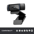 Logitech webcam on a white background with compatibility icons at the bottom.