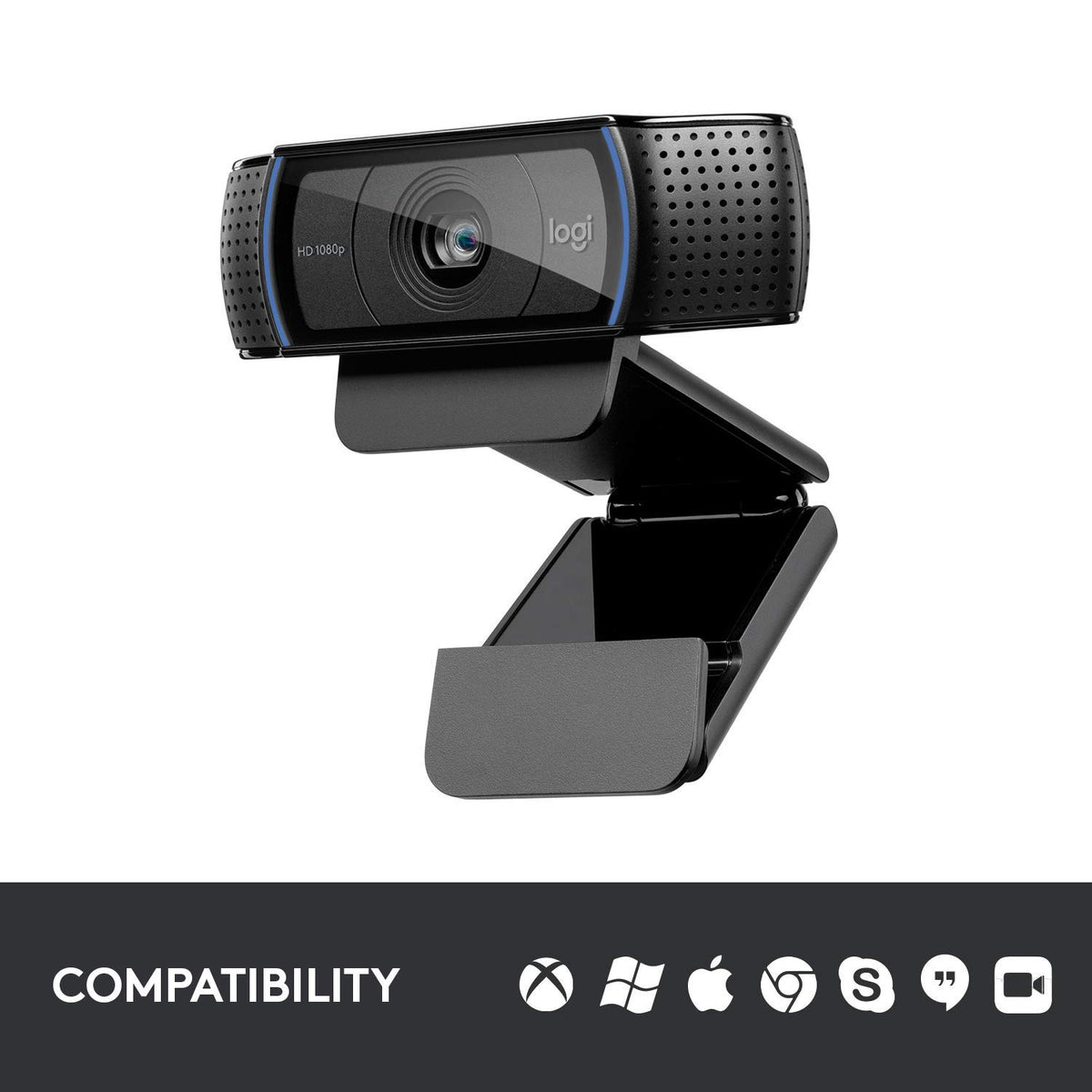 Logitech webcam on a white background with compatibility icons at the bottom.