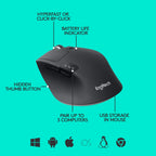 Black Logitech mouse with features labeled on a teal background