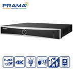 PRAMA H.265 4K security DVR recorder shown on a white background with product specifications and feature icons below.