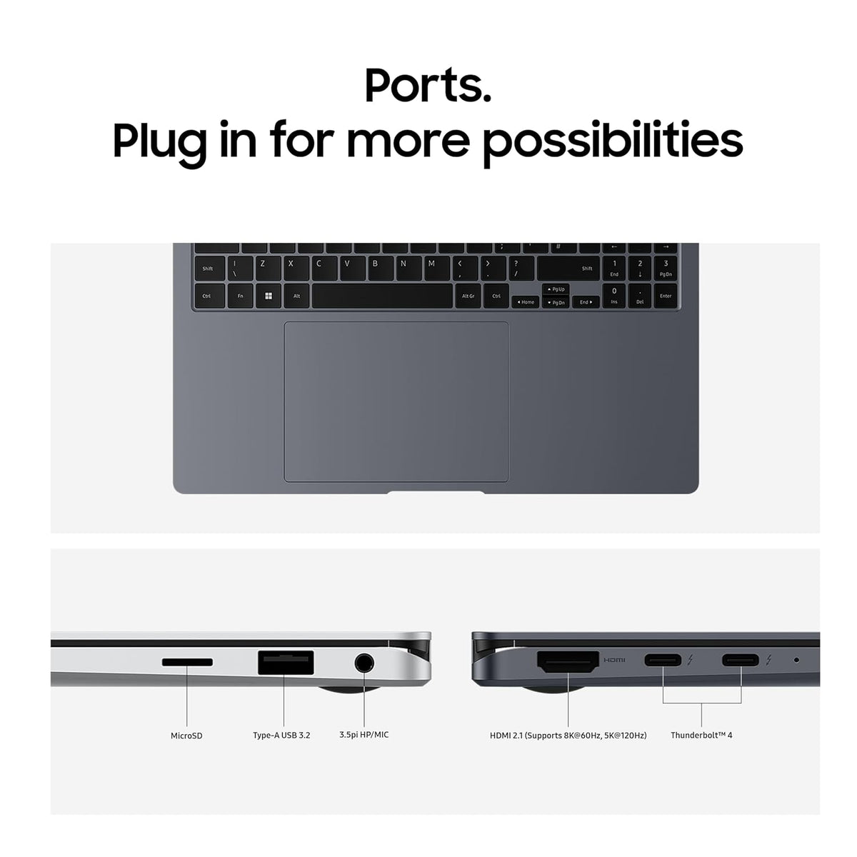 Laptop ports with text 'Ports. Plug in for more possibilities' on a white background