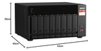 Black ONAP TS-77RT 8-bay network storage server shown with dimension lines indicating 30cm height, 40cm width, and 43cm depth on a white background.