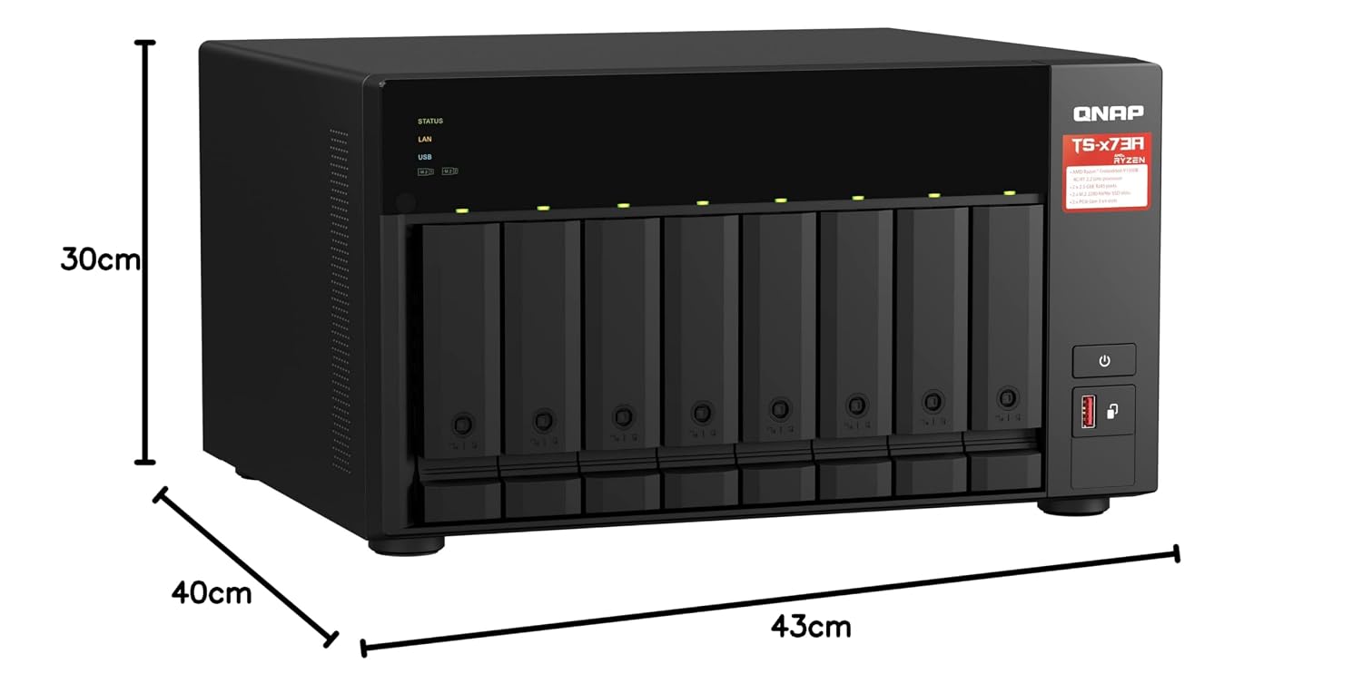 Black ONAP TS-77RT 8-bay network storage server shown with dimension lines indicating 30cm height, 40cm width, and 43cm depth on a white background.