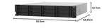 A front-facing view of a black server rack with dimension labels showing 63.5cm width, 53.