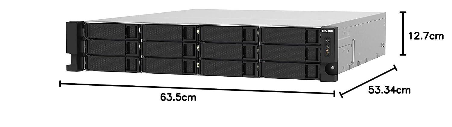 A front-facing view of a black server rack with dimension labels showing 63.5cm width, 53.
