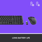 Black keyboard and mouse set with USB receiver on a purple background, featuring battery life icons.