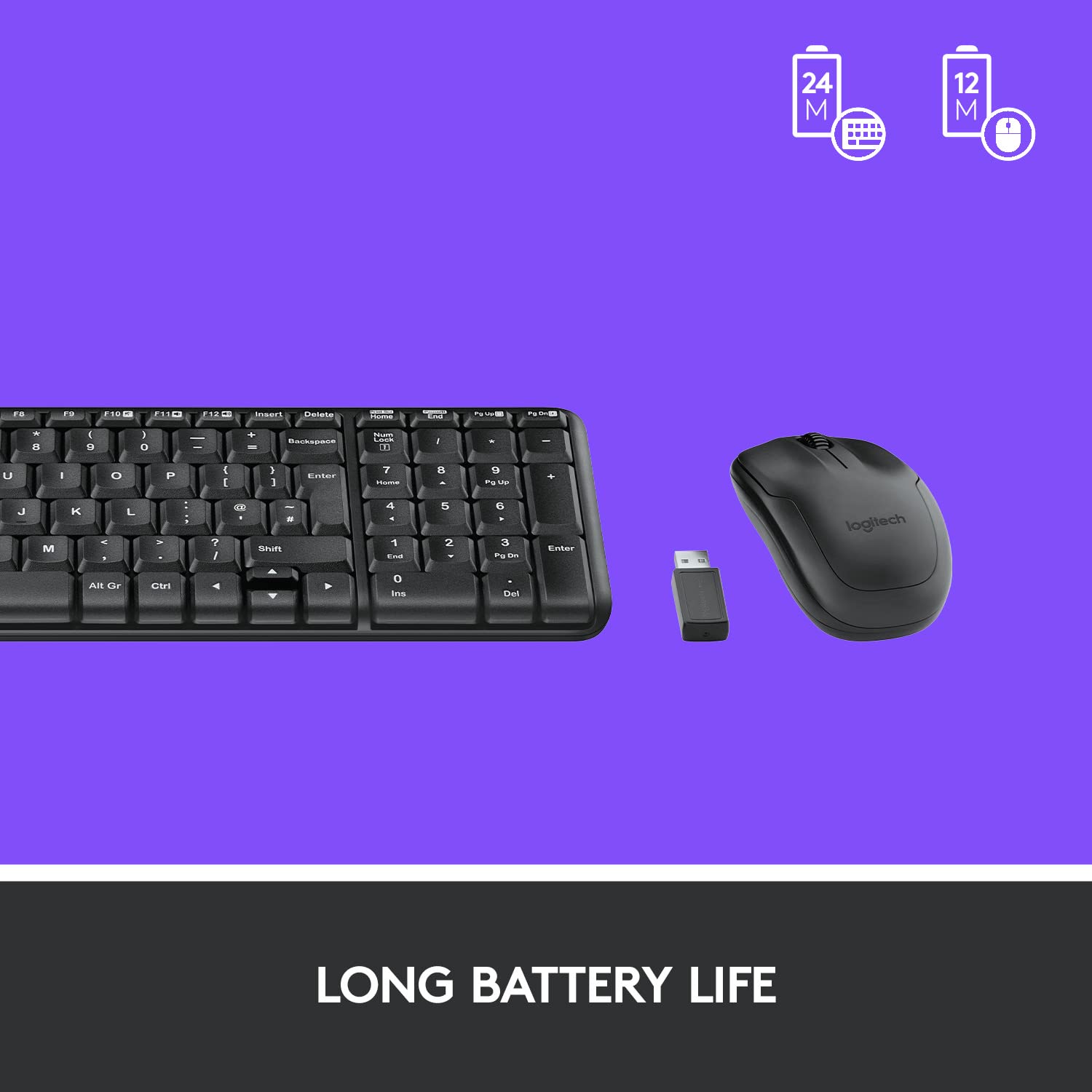 Black keyboard and mouse set with USB receiver on a purple background, featuring battery life icons.