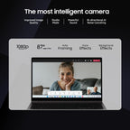 Laptop with a camera on top displaying a video call, featuring text about camera features.