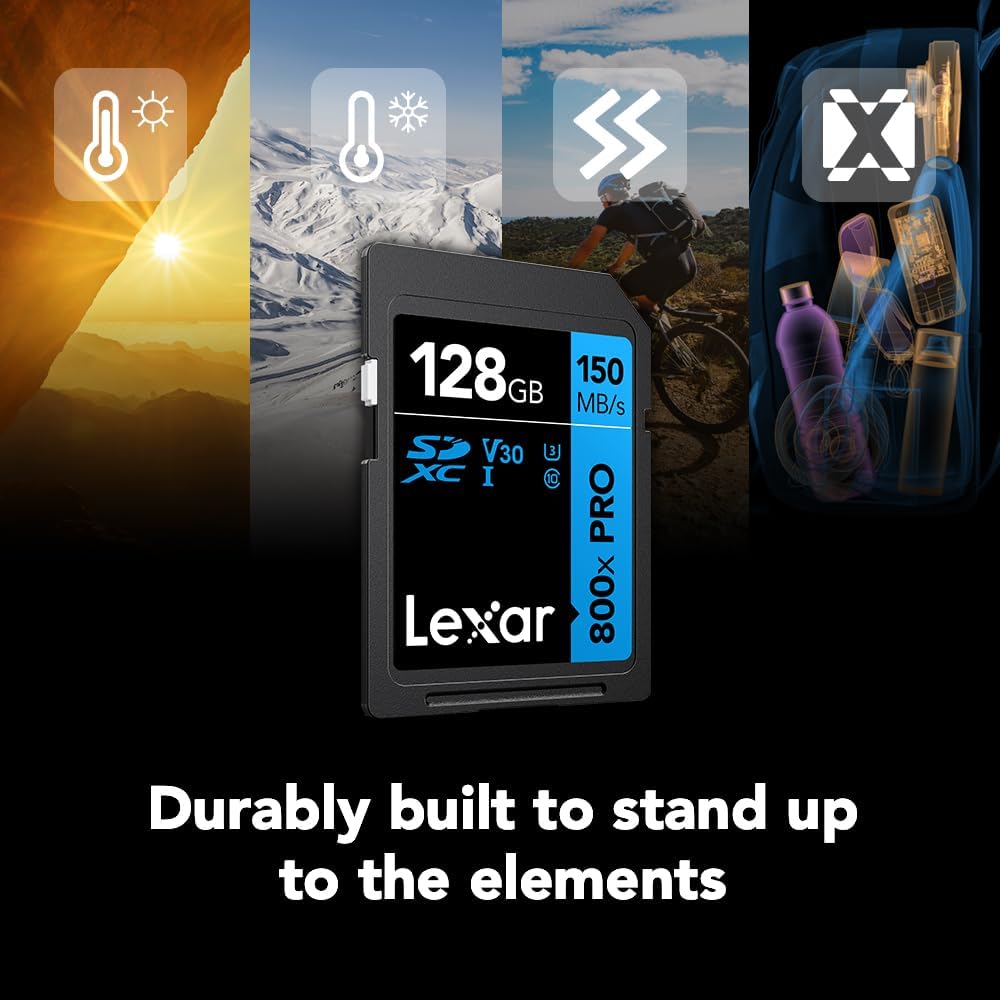 Lexar  High-Performance 800x PRO SD Card, UHS-I, C10, U3, V30, 4K, Up to 150MB/s Read SDXC Memory Card, for Point-and-Shoot & Mid-Range DSLR Cameras, HD Camcorders (LSD0800P128G-BNNNU)
