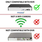 A compatibility infographic for a PRAMA NVR-compatible product. The graphic shows three horizontal sections: the top section shows a silver and black NVR device with a green checkmark and the text 'ONLY COMPATIBLE WITH NVR'.