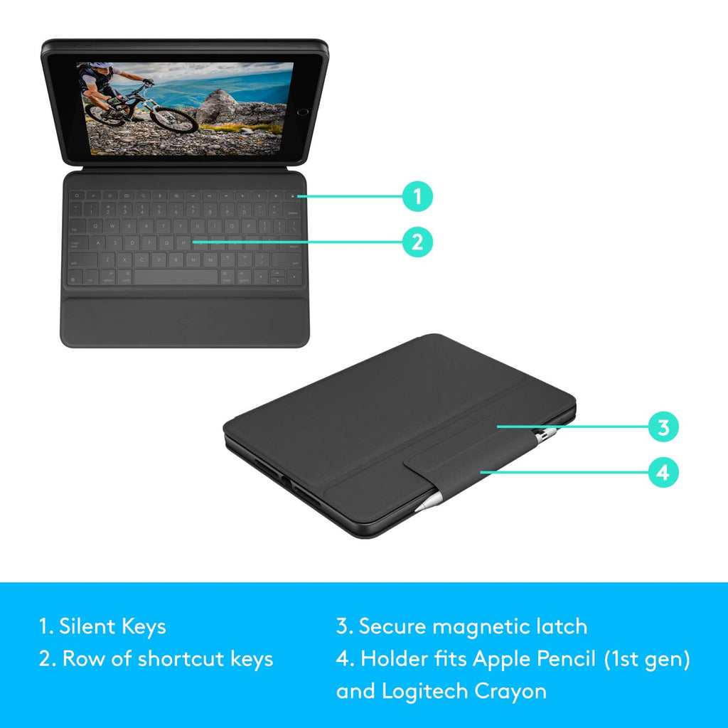 Logitech Rugged Folio for iPad (7th, 8th, & 9th Generation) Protective Keyboard Case with Smart Connector and Durable Spill-Proof Keyboard, 25.91 cm (10.2"), QWERTY UK English Layout - Black