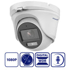 A white dome security camera with a black lens surround, shown on a white background with four blue feature icons below indicating 1080P, low light performance, digital WDR, and voice capability. The brand PRAMAR is printed on the side.
